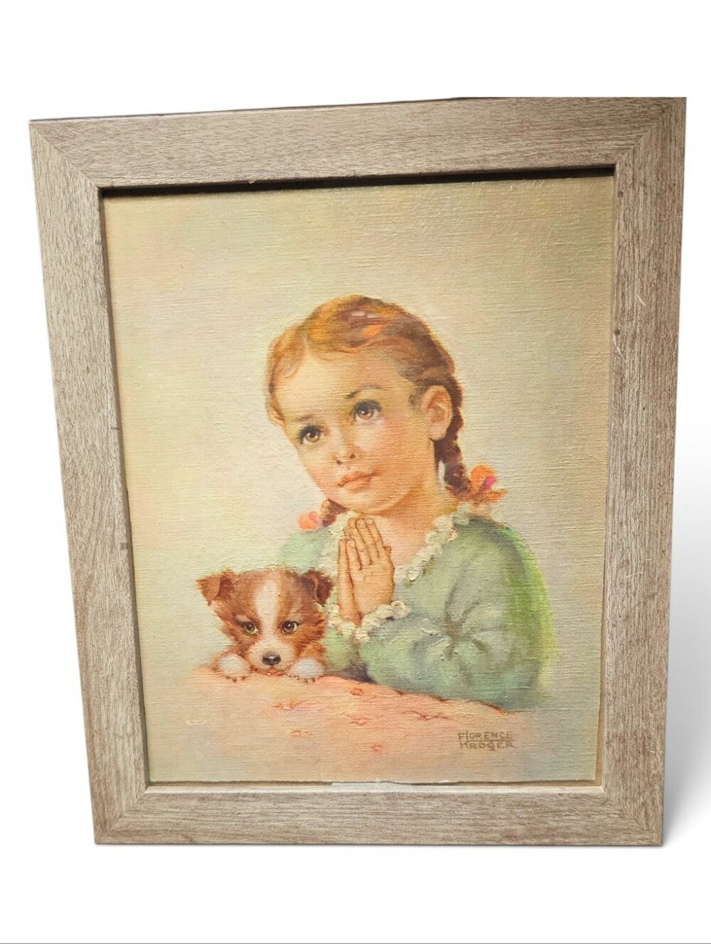 Florence Kroger Art Print Framed Little Girl Praying W/Puppy Dog 8x10